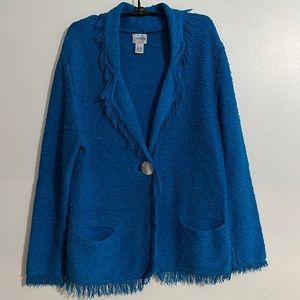 Chico’s Vintage Turquoise Nubby Cotton Knit Jacket With Fringe, Size 2 (L/12)